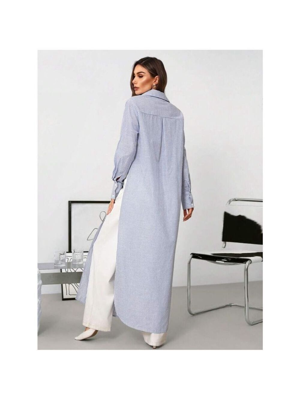Striped Long Shirt Dress Blue/White Size L - Picture 8 of 8